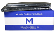 900mm x 1330mm x 30mu 25 Pack Wheelie Bin Liner, Rubbish Bags 120L,Black